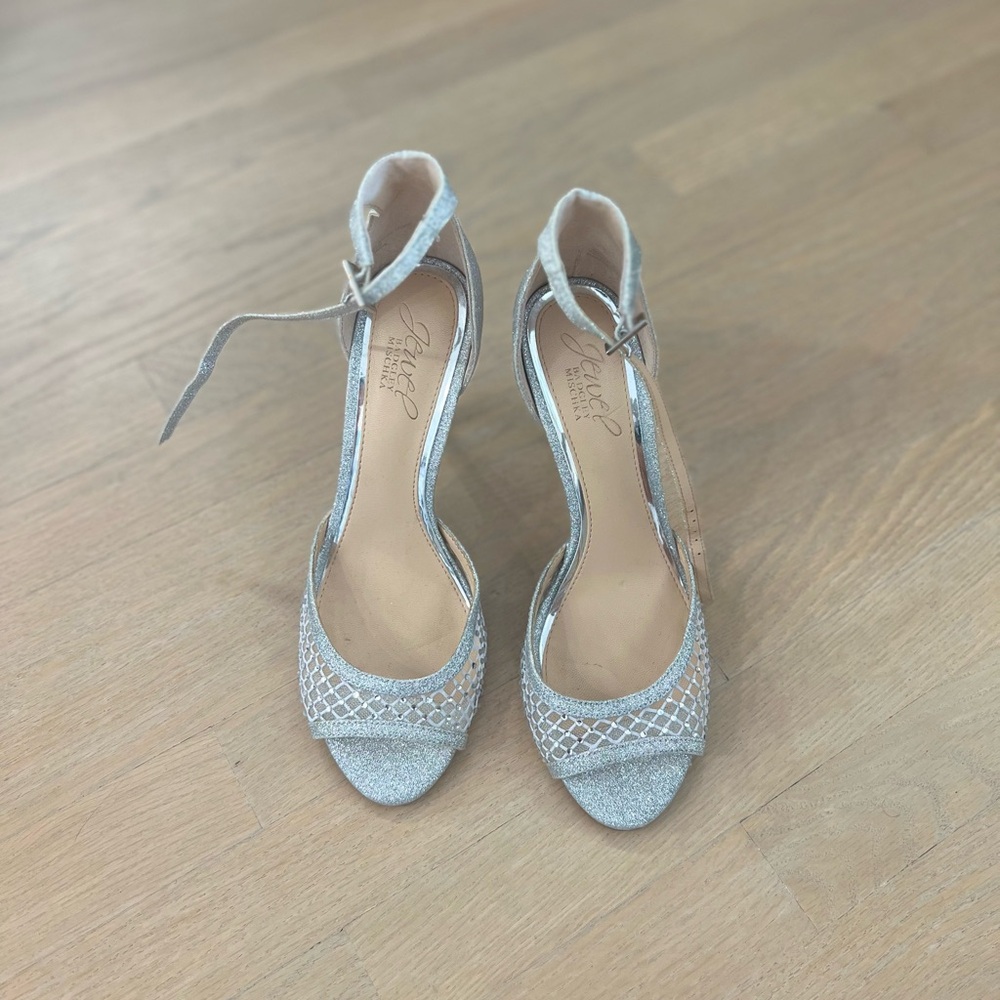 Jewel Badgley Mischka Silver Heels with Braided Toe and Ankle Straps